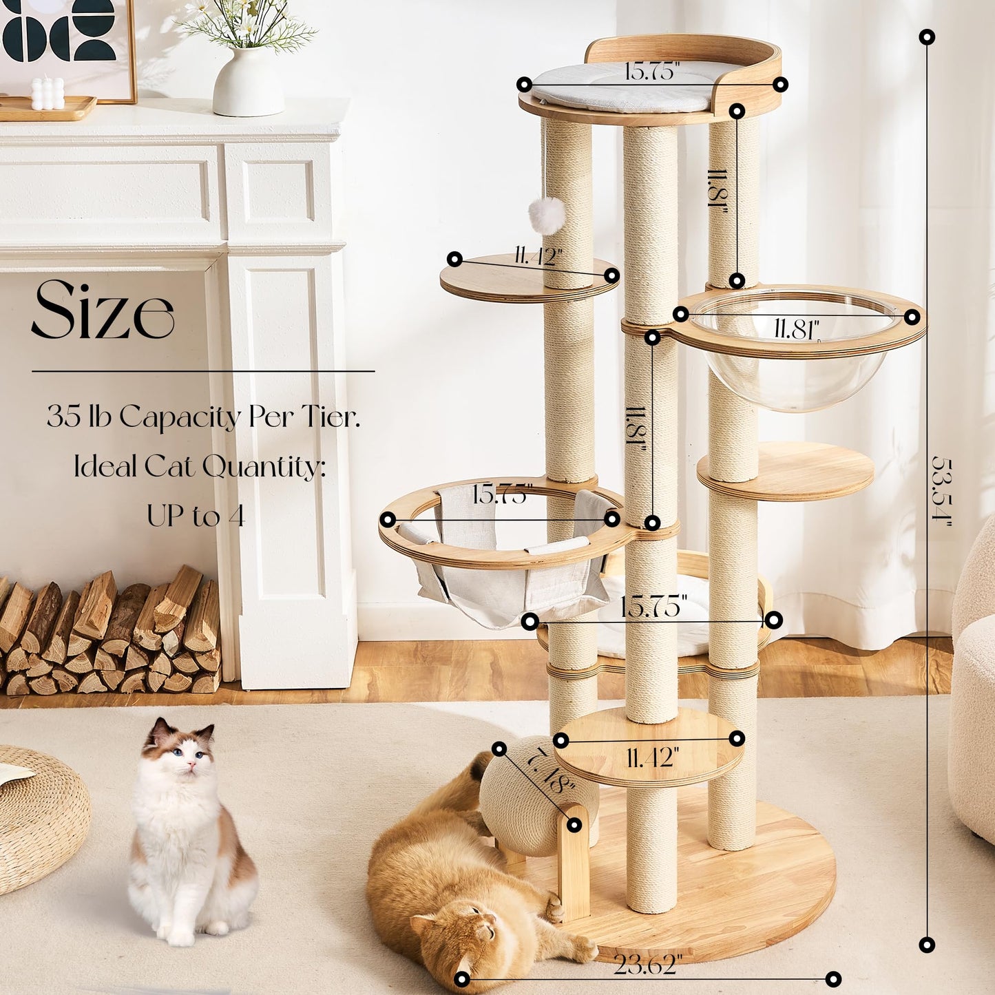 Hittite Modern Solid Wood Cat Tree Tower, 54" Tall Cat Tree with Scratching Posts, Capsule&Hammock, Luxury Natural Oak Wood Cat Tower, Aesthetic Multi-Level Cat Climbing Tree for Large Indoor Cats