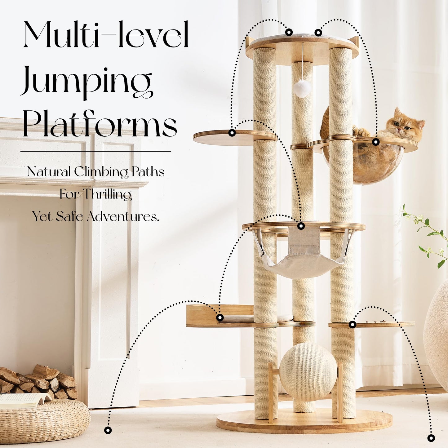 Hittite Modern Solid Wood Cat Tree Tower, 54" Tall Cat Tree with Scratching Posts, Capsule&Hammock, Luxury Natural Oak Wood Cat Tower, Aesthetic Multi-Level Cat Climbing Tree for Large Indoor Cats