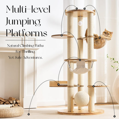 Hittite Modern Solid Wood Cat Tree Tower, 54" Tall Cat Tree with Scratching Posts, Capsule&Hammock, Luxury Natural Oak Wood Cat Tower, Aesthetic Multi-Level Cat Climbing Tree for Large Indoor Cats