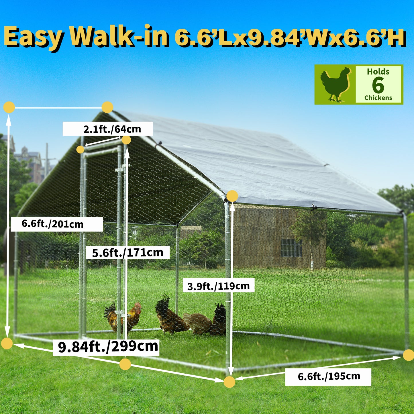 HITTITE Large Metal Chicken Coop Run for 6/8/10 Chickens,Heavy Duty Walk-in Poultry Cage with Cover,Outdoor Hen Rabbit Chicken Run in with Spire Shaped for &Farm Yard（19.2'Lx9.84'Wx6.56'H）