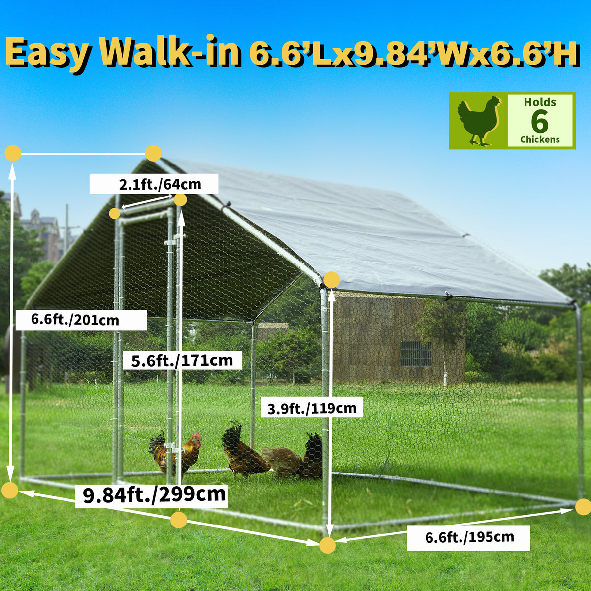 HITTITE Large Metal Chicken Coop Run for 6/8/10 Chickens,Heavy Duty Walk-in Poultry Cage with Cover,Outdoor Hen Rabbit Chicken Run in with Spire Shaped for &amp;Farm Yard（19.2&#39;Lx9.84&#39;Wx6.56&#39;H）