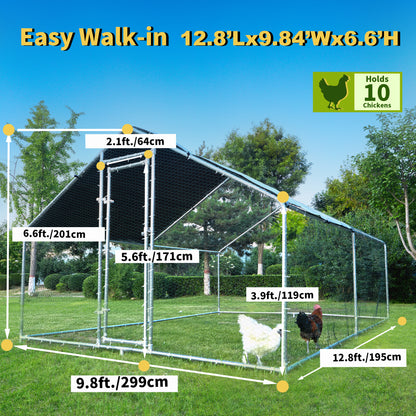 HITTITE Large Metal Chicken Coop Run for 6/8/10 Chickens,Heavy Duty Walk-in Poultry Cage with Cover,Outdoor Hen Rabbit Chicken Run in with Spire Shaped for &Farm Yard（6.4'Lx9.84'Wx6.56'H）