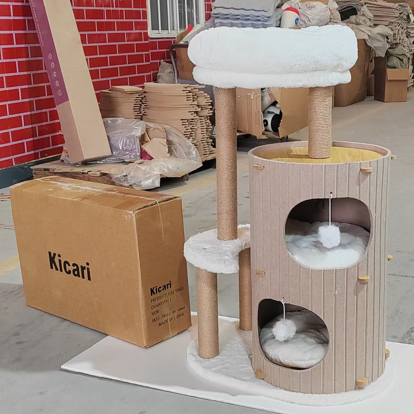 Kicari Modern Cat Tree for Indoor Cats, 36in H Cat Condo Tower with Scratching Posts, Cozy Cat Bed Cave, Washable Cushions, Dangling Balls, Play & Nap Structure for All Breeds of Cats, Brown & White
