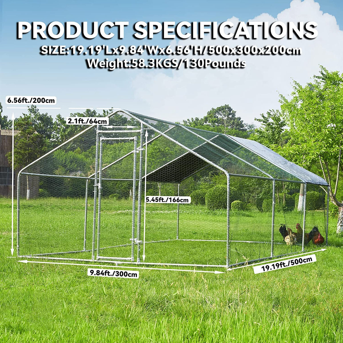 HITTITE Large Metal Chicken Coop Run for 6/8/10 Chickens,Heavy Duty Walk-in Poultry Cage with Cover,Outdoor Hen Rabbit Chicken Run in with Spire Shaped for &amp;Farm Yard（19.2&#39;Lx9.84&#39;Wx6.56&#39;H）