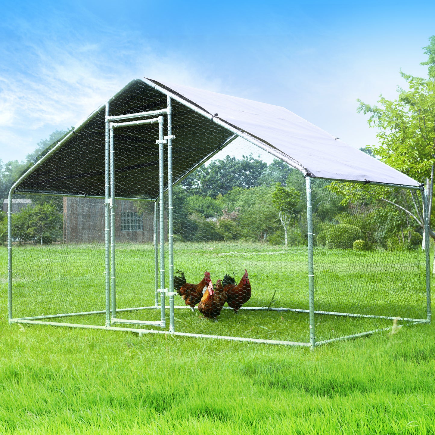 HITTITE Large Metal Chicken Coop Run for 6/8/10 Chickens,Heavy Duty Walk-in Poultry Cage with Cover,Outdoor Hen Rabbit Chicken Run in with Spire Shaped for &Farm Yard（6.4'Lx9.84'Wx6.56'H）