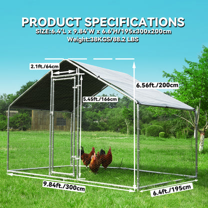 HITTITE Large Metal Chicken Coop Run for 6/8/10 Chickens,Heavy Duty Walk-in Poultry Cage with Cover,Outdoor Hen Rabbit Chicken Run in with Spire Shaped for &Farm Yard（6.4'Lx9.84'Wx6.56'H）