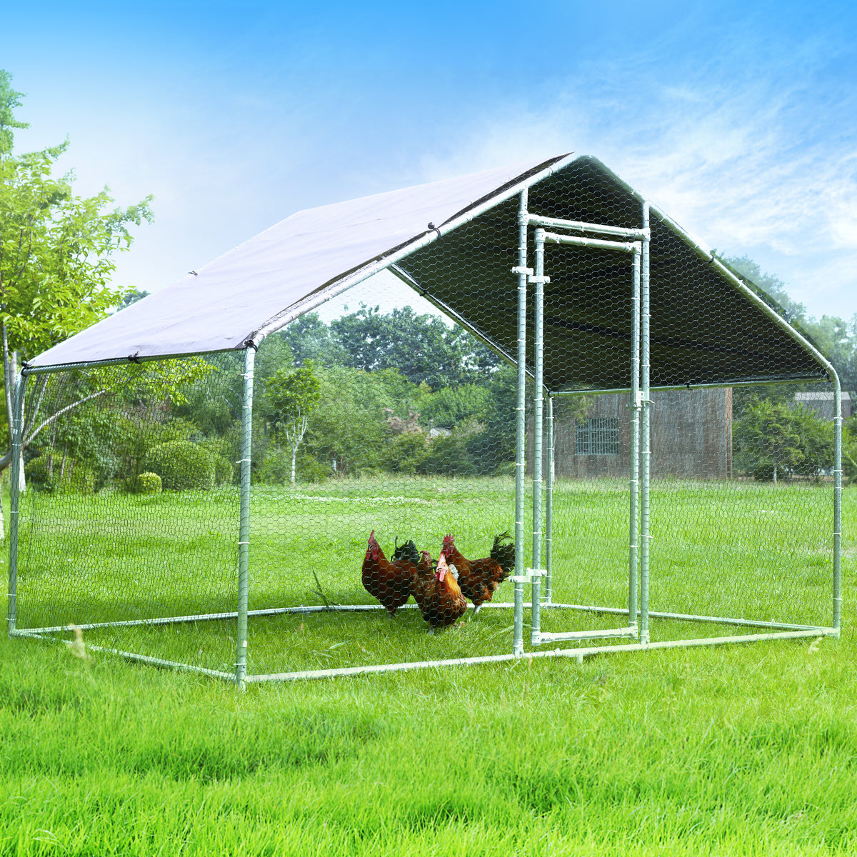 HITTITE Large Metal Chicken Coop Run for 6/8/10 Chickens,Heavy Duty Walk-in Poultry Cage with Cover,Outdoor Hen Rabbit Chicken Run in with Spire Shaped for &amp;Farm Yard（6.4&#39;Lx9.84&#39;Wx6.56&#39;H）