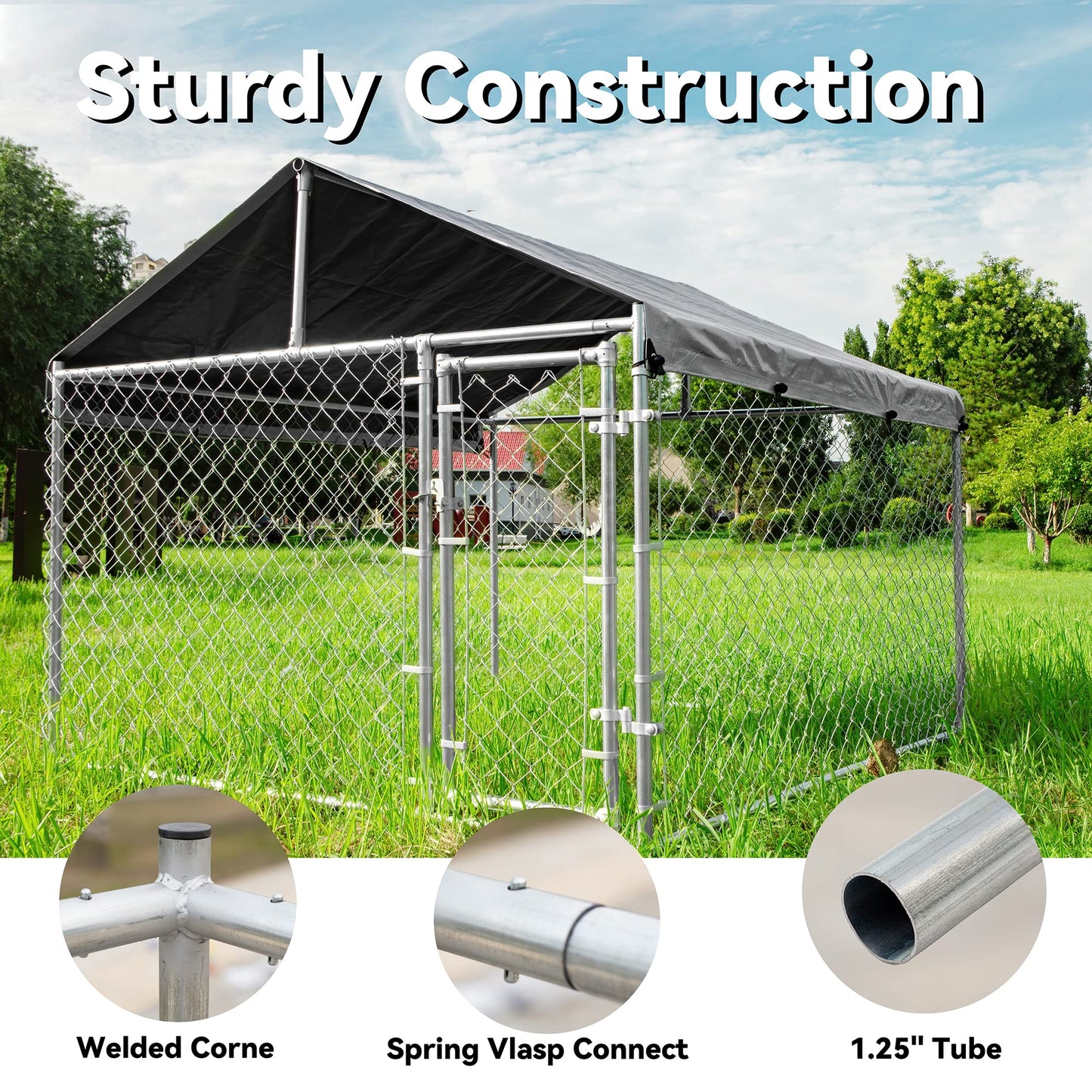 HITTITE Large Outdoor Dog Kennel, Outdoor Heavy Duty Dog Cage, Anti-Rust Dog Pens Dog Fence with Waterproof UV-Resistant Cover and Secure Lock 6.76'L x 6.76'W x 5.64'H